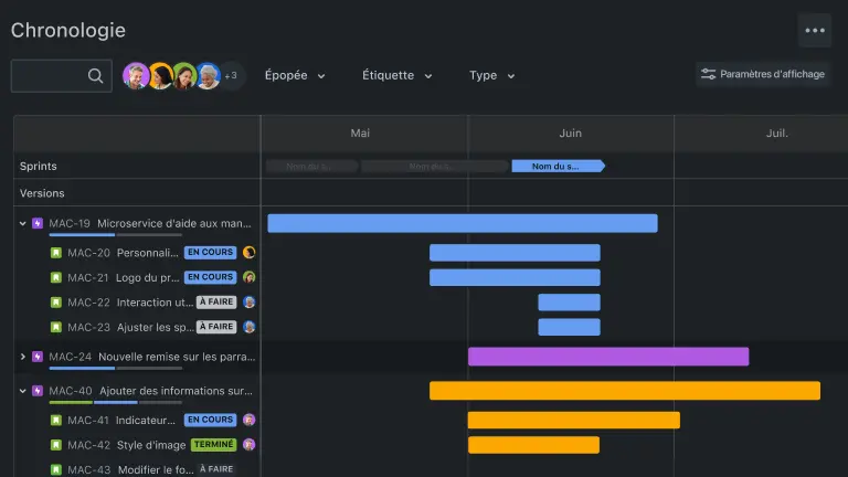 Vue Chronologie en mode sombre dans Jira